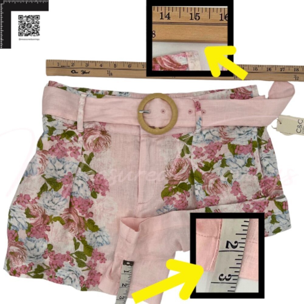 C&C California (NWT Medium)  Pink 100% Linen Belted Floral Shorts - 3" Inseam - Picture 8 of 9